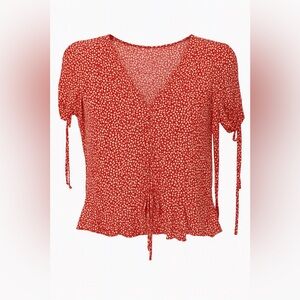 H&M Red Floral Blouse with Tie Sleeves